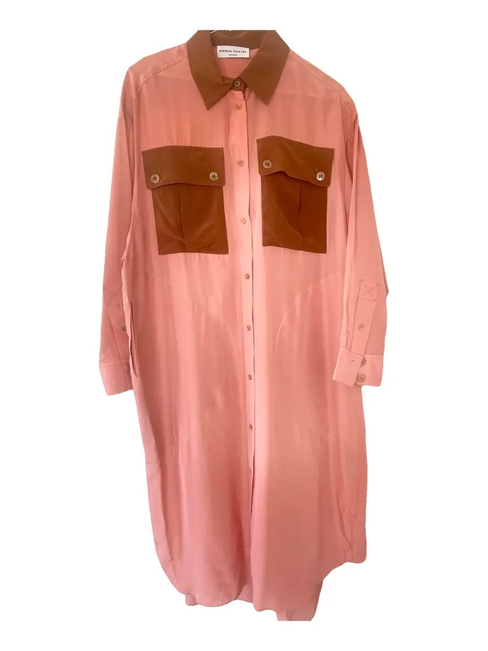 SONIA RYKIEL Rust Pink Button-Front Shirtdress with Rust/Brown Pocket Accents